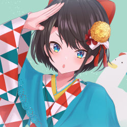 Rule 34 | 1girl, black hair, blue eyes, blush, bow, flower, green background, hair bow, hair flower, hair ornament, highres, hololive, inaka 44, japanese clothes, kimono, lace, looking at viewer, oozora subaru, oozora subaru (new year), parted lips, red flower, salute, short hair, solo, upper body, virtual youtuber