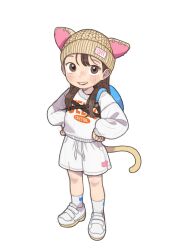 Rule 34 | 1girl, animal ears, backpack, bag, brown eyes, brown hair, cat ears, cat tail, child, full body, hand on own hip, hat, highres, long hair, long sleeves, looking at viewer, opossumachine, original, shoes, simple background, socks, tail, white background, white footwear, white socks