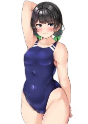 Rule 34 | 1girl, arm up, black eyes, black hair, competition swimsuit, highres, low twintails, one-piece swimsuit, original, shinonon (iso shino), solo, standing, swimsuit, twintails, wide hips