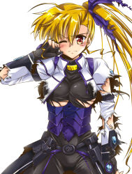 Rule 34 | 10s, 1girl, aged up, armor, blonde hair, blush, bodysuit, breasts, broken armor, clenched hand, cowboy shot, gloves, hair ribbon, jacket, large breasts, light blush, long hair, looking at viewer, lyrical nanoha, mahou shoujo lyrical nanoha vivid, red eyes, ribbon, san-pon, side ponytail, simple background, smirk, solo, torn bodysuit, torn clothes, torn gloves, torn jacket, underboob, very long hair, vivio, waist cape, white background