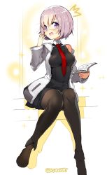 Rule 34 | 1girl, :d, ^^^, adjusting eyewear, black pantyhose, book, breasts, collared dress, commentary request, dress, fate/grand order, fate (series), glasses, hair between eyes, highres, looking at viewer, mash kyrielight, medium breasts, naitou ryuu, necktie, open mouth, pantyhose, purple eyes, red necktie, short hair, silver hair, sitting, smile, solo, sparkle, surprised, sweat, twitter username