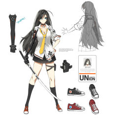 Rule 34 | 1girl, ahoge, all star, bad id, bad pixiv id, black hair, black socks, blue eyes, breasts, character name, character sheet, choker, cleavage, closers, converse, full body, hand on own hip, highres, holster, kneehighs, korean text, large breasts, long hair, necktie, official art, red star alliance, shoes, simple background, skirt, smile, sneakers, socks, solo, sword, uniform, weapon, white background, yuri seo