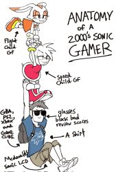 Rule 34 | 1boy, 2girls, amy rose, anatomy of a gamer (meme), backpack, bag, blue shirt, brown shorts, character print, commentary, cream the rabbit, dress, english commentary, english text, flying, full body, highres, holding hands, holding legs, meme, multiple girls, orange dress, orange footwear, red dress, red footwear, shirt, shoes, shorts, sonic (series), sonic heroes, sonic the hedgehog, sooperman, sunglasses, white background