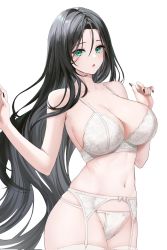 Rule 34 | 1girl, :o, arms up, bare shoulders, black hair, black nails, bra, breasts, cleavage, garter belt, garter straps, green eyes, highres, large breasts, lillly, lingerie, looking at viewer, nail polish, navel, open mouth, original, panties, parted lips, skindentation, solo, thighhighs, thighs, underwear, white bra, white panties, white thighhighs