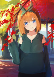 Rule 34 | 1girl, absurdres, alternate costume, arm at side, autumn, autumn leaves, bare shoulders, blue eyes, blush, branch, casual, closed mouth, collarbone, collared shirt, commentary, cowboy shot, day, eyebrows hidden by hair, go-toubun no hanayome, green ribbon, green shirt, hair between eyes, hair ribbon, hand up, highres, holding, holding branch, looking at viewer, medium hair, nakano yotsuba, orange hair, outdoors, ribbon, shirt, sidelighting, sleeves past wrists, smile, solo, straight-on, straight hair, tree, yasuba yuichi