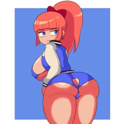 Rule 34 | 1girl, ass, ass cutout, bow, breasts, butt crack, clothing cutout, covered erect nipples, earrings, from behind, heart cutout, highres, huge ass, huge breasts, iggybomb, jacket, jewelry, kunio-kun series, kyoko (kunio-kun), long hair, long sleeves, orange hair, panties, ponytail, red bow, river city girls, smug, underwear