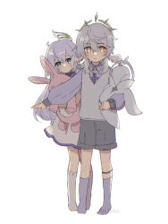 Rule 34 | 1boy, 1girl, abi mmo, behind another, child, dress, feathered wings, green eyes, grey shorts, halo, head wings, highres, holding, holding stuffed toy, honkai: star rail, honkai (series), long hair, protecting, purple shirt, purple socks, robin (honkai: star rail), shirt, shorts, siblings, socks, stuffed toy, sunday (honkai: star rail), sweater vest, white background, white dress, white hair, white socks, white sweater vest, wings, yellow eyes
