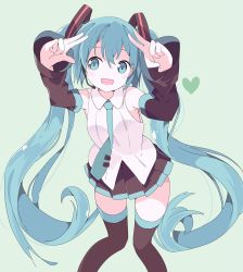 Rule 34 | 1girl, :d, arms up, black skirt, black sleeves, black thighhighs, blush, collared shirt, detached sleeves, eyebrows hidden by hair, green background, green eyes, green hair, green necktie, hair between eyes, hair ornament, hatsune miku, heart, highres, long hair, long sleeves, necktie, open mouth, pleated skirt, shirt, simple background, skirt, sleeveless, sleeveless shirt, smile, solo, tantan men (dragon), thighhighs, tie clip, twintails, very long hair, vocaloid, white shirt