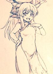 Rule 34 | 1girl, alternate costume, bare legs, bow, breasts, china dress, chinese clothes, commentary request, covered navel, cowboy shot, d-m (dii emu), dress, eyelashes, fang, greyscale, hair bow, hand on own hip, hand on own chest, horns, long hair, monochrome, oni horns, open mouth, pelvic curtain, side slit, sketch, touhou, traditional media