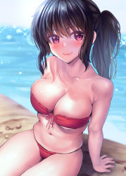 Rule 34 | bare arms, bare shoulders, bikini, black hair, breasts, cleavage, closed mouth, collarbone, day, large breasts, lens flare, long hair, looking at viewer, navel, ocean, on ground, original, outdoors, ponytail, purple eyes, red bikini, sidelocks, sitting, skindentation, smile, sparkle, strapless, strapless bikini, swimsuit, takamichis211, water