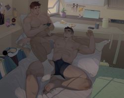 Rule 34 | 2boys, abs, armpit hair, bara, black male underwear, boxers, brown hair, bulge, couple, facial hair, goatee, grey male underwear, highres, holding, holding phone, kn (10112650), large pectorals, long sideburns, lying, male focus, male underwear, mature male, multiple boys, muscular, muscular male, navel, navel hair, nipples, on back, on bed, original, pectorals, phone, plump, shadow, short hair, sideburns, sleeping, sleeping on person, socks, spread legs, stomach, stubble, thick eyebrows, thick thighs, thighs, undercut, underwear, underwear only, yaoi