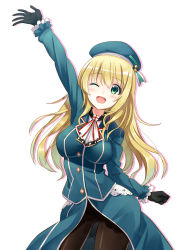 Rule 34 | 10s, 1girl, ;d, atago (kancolle), blonde hair, blue hat, breasts, eyelashes, gloves, green eyes, hat, highres, hyuuga azuri, kantai collection, large breasts, long hair, looking at viewer, one eye closed, open mouth, pantyhose, personification, smile, solo, waving, white background, wink