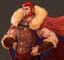 Rule 34 | 1boy, abs, armor, bara, beard, body hair, breastplate, cape, facial hair, fate/zero, fate (series), fur collar, hand on own hip, highres, iskandar (fate), large pectorals, looking at viewer, male focus, manly, muscular, pectorals, red eyes, red hair, rumlockerart, scar, simple background, solo