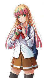Rule 34 | 1girl, bag, black thighhighs, blonde hair, blue hair, blunt bangs, blush, bow, bowtie, brown skirt, closed mouth, collared shirt, commentary, cowboy shot, creatures (company), earrings, english commentary, game freak, head tilt, heart, heart earrings, highres, hime cut, holding, holding poke ball, jewelry, long hair, long sleeves, medium skirt, multicolored hair, nail polish, nintendo, pink hair, pink lips, pink nails, poke ball, pokemon, pokemon (anime), pokemon the movie: the power of us, red bow, red bowtie, redpoke, risa (pokemon), school bag, school uniform, scrunchie, shirt, sidelocks, simple background, skirt, smile, solo, straight hair, thighhighs, white background, white shirt, wing collar, wrist scrunchie, zettai ryouiki