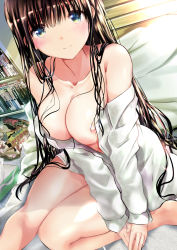 Rule 34 | 1girl, absurdres, bed, black hair, blue eyes, blush, book, bookshelf, breasts, cleavage, collarbone, commentary request, dutch angle, hair between eyes, highres, large breasts, long hair, naked shirt, nipples, off shoulder, ogata tei, on bed, open clothes, open shirt, original, pillow, shiny skin, shirt, sitting, smile, solo, white shirt