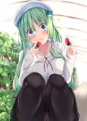 Rule 34 | 1girl, alternate costume, beret, black pantyhose, blue eyes, bow, breasts, casual, commentary request, contemporary, crotch seam, feet out of frame, food, frog hair ornament, fruit, fule, green hair, hair bow, hair ornament, hat, head tilt, highres, holding, holding food, holding fruit, knees up, kochiya sanae, large breasts, long hair, long sleeves, looking at viewer, panties, panties under pantyhose, pantyhose, shirt, sitting, smile, solo, sparkle, strawberry, touhou, underwear, white background, white bow, white hat, white panties, white shirt