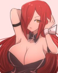 Rule 34 | 1girl, alternate costume, arm strap, armpits, arms up, artist name, breasts, cleavage, cross, detached collar, hair over one eye, highres, inverted cross, large breasts, long hair, looking at viewer, omiza somi, parasoul (skullgirls), playboy bunny, red hair, skullgirls, solo, wrist cuffs, yellow eyes