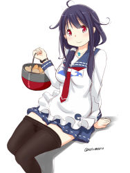 Rule 34 | 10s, 1girl, clothes pull, crotch seam, highres, kantai collection, long hair, low twintails, pantyhose, pantyhose pull, pot, purple hair, red eyes, retsumaru, sailor collar, simple background, solo, taigei (kancolle), twintails, twitter username
