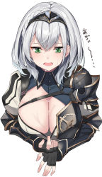 Rule 34 | 1girl, absurdres, armor, blouse, breasts, green eyes, headpiece, highres, hololive, large breasts, looking down, open mouth, shirogane noel, shirogane noel (1st costume), shirt, short hair, simple background, solo, upper body, virtual youtuber, white background, white shirt, yuuzuki (re&#039;ef)