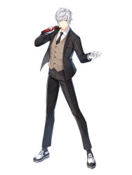 Rule 34 | 1boy, ;), black jacket, black necktie, black pants, black socks, brown vest, closers, collared shirt, formal, full body, gloves, grey eyes, hands up, highres, holding, holding microphone, j (closers), jacket, legs apart, looking at viewer, male focus, microphone, necktie, official art, one eye closed, outstretched hand, oxfords, pants, shirt, short hair, smile, socks, solo, standing, suit, tachi-e, v-shaped eyebrows, vest, white background, white footwear, white gloves, white hair, white shirt