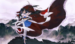 Rule 34 | 1girl, absurdres, artist request, bird, black hair, blue footwear, cape, closed mouth, facial mark, flying, forehead mark, highres, long hair, mountain, pants, red cape, reverse grip, sash, second-party source, sky, smile, solo, standing, sword, twintails, weapon, white pants, white sky, xianjian qixia zhuan, zhao linger