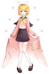 Rule 34 | 1girl, absurdres, aqua eyes, black skirt, blonde hair, breasts, brown footwear, cherry blossoms, commentary, full body, hair ornament, hair ribbon, hairclip, highres, jacket, kagamine rin, long jacket, nea (nea 77), pink jacket, pleated skirt, ribbon, shirt, shoes, short hair, skirt, small breasts, smile, solo, thighhighs, vocaloid, white ribbon, white shirt, white thighhighs