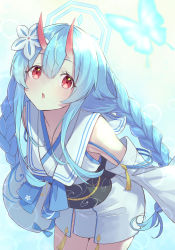 Rule 34 | 1girl, blue archive, blue hair, blush, bug, butterfly, chise (blue archive), commentary request, detached sleeves, flower, hair between eyes, hair flower, hair ornament, highres, horns, bug, japanese clothes, long hair, long sleeves, looking at viewer, miimu (nelreg3), oni horns, open mouth, simple background, solo