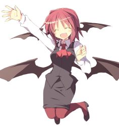 Rule 34 | 1girl, :d, ^ ^, alternate hair length, alternate hairstyle, arm up, ascot, bat wings, breasts, closed eyes, dress shirt, closed eyes, female focus, full body, head wings, high heels, koakuma, long sleeves, low wings, medium breasts, necktie, open mouth, pantyhose, red eyes, red hair, red pantyhose, satou kibi, shirt, shoes, short hair, skirt, skirt set, smile, solo, touhou, vest, waving, white background, white shirt, wings