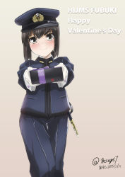 Rule 34 | 10s, 1girl, alternate costume, artist name, blush, box, brown eyes, brown hair, character name, dated, fubuki (kancolle), gift, gift box, happy valentine, hat, highres, kantai collection, looking at viewer, military, military uniform, msugi, naval uniform, outstretched arms, peaked cap, signature, smile, solo, sword, twitter username, uniform, valentine, weapon