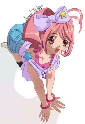 Rule 34 | 1girl, all fours, ass, bow, earrings, flat chest, highres, jewelpet (series), jewelpet kira deco!, jewelry, nanaeljustice, oomiya pink, open mouth, pink eyes, pink hair, sanrio, shorts, side ponytail, smile, solo, white background