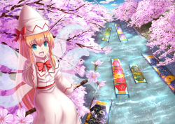 Rule 34 | 1girl, :d, blue eyes, blush, bow, bowtie, cherry blossoms, dress, hat, in tree, lily white, long hair, long sleeves, looking at viewer, luke (kyeftss), open mouth, orange hair, red bow, red bowtie, sitting, sitting in tree, smile, solo, spring (season), touhou, tree, very long hair, white dress, wide sleeves