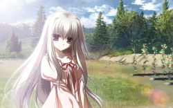 Rule 34 | 1girl, albino, chikotam, cloud, eden they were only two on the planet, game cg, light smile, long hair, minori (company), mountain, nature, ribbon, scenery, silver hair, sion (eden), sky, sunlight, tree