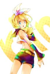 Rule 34 | 1girl, aqua eyes, ass, back, bare shoulders, blonde hair, detached sleeves, female focus, from behind, hair ornament, hair ribbon, hairclip, kagamine rin, looking back, open mouth, ribbon, rojiko, sailor collar, short hair, shorts, solo, vocaloid, white background