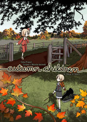 Rule 34 | 2girls, aki shizuha, autumn leaves, blonde hair, buttons, comic, day, english text, fence, field, fir tree, flying, full body, grass, hair ornament, instrument, jacket, leaf, leaf hair ornament, loafers, looking at another, looking up, lunasa prismriver, multiple girls, outdoors, pants, plant, shoes, short hair, sixten, smile, socks, standing, touhou, tree, violin, bow (music), white legwear