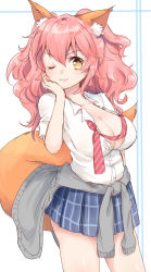 Rule 34 | 10s, 1girl, absurdres, alternate hairstyle, animal ear fluff, animal ears, breasts, casual, cleavage, collarbone, fate/extella, fate/extra, fate/grand order, fate (series), fox ears, fox tail, highres, large breasts, looking at viewer, necktie, official alternate costume, one eye closed, open mouth, pink hair, rinchu, school uniform, skirt, solo, tail, tamamo (fate), tamamo no mae (fate/extra), tamamo no mae (jk) (fate), yellow eyes