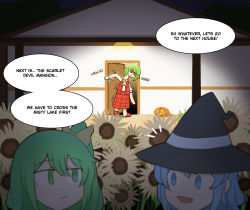 Rule 34 | 3girls, :/, alternate costume, basket, black dress, blood, blue eyes, blue hair, buttons, cirno, commentary, daiyousei, dark, door, dress, english commentary, english text, fairy, fairy wings, fangs, full body, fumo (doll), green eyes, green hair, halloween, halloween costume, hat, hat ribbon, highres, holding, house, ice, ice wings, jack-o&#039;-lantern, kazami yuuka, long sleeves, mata (matasoup), monster, motion lines, multiple girls, open mouth, red eyes, red neckwear, red skirt, red vest, ribbon, short hair, side ponytail, skirt, standing, touhou, transformation, trick or treat, vest, wings, witch hat
