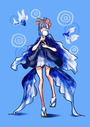 Rule 34 | 1girl, asymmetrical hair, blue background, blue dress, blue eyes, blue hair, blue theme, covering own mouth, dress, fish, flower, hair flower, hair ornament, hair stick, highres, holding, looking at viewer, original, parted bangs, personification, poi (goldfish scoop), rose, sandals, ship o man1015, single sidelock, standing, standing on one leg, tabi, zouri