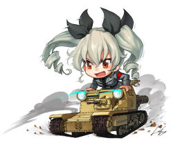 Rule 34 | 10s, 1girl, anchovy (girls und panzer), black ribbon, blush, chibi, drill hair, girls und panzer, green hair, hair ribbon, kws, long hair, long sleeves, looking away, military, military vehicle, motor vehicle, open mouth, red eyes, ribbon, smile, solo, tank, twintails