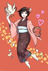 Rule 34 | 1girl, bird, black hair, chinese zodiac, full body, highres, japanese clothes, kimono, kio rojine, multicolored hair, new year, red hair, roosterteeth, ruby rose, rwby, short hair, grey eyes, smile, solo, tabi, two-tone hair, year of the rooster