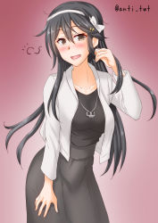 Rule 34 | 1girl, anchor, anti (untea9), black hair, black shirt, black skirt, blazer, blouse, brown eyes, commentary request, drunk, gradient background, hair ornament, hairband, hairclip, haruna (kancolle), highres, jacket, jewelry, kantai collection, leaning forward, long hair, looking at viewer, necklace, official alternate costume, red background, shirt, skirt, solo, squeans, twitter username, white jacket