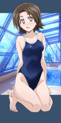 Rule 34 | 1girl, absurdres, barefoot, blue one-piece swimsuit, breasts, bright pupils, brown eyes, brown hair, commentary, full body, girls und panzer, highres, indoors, kneeling, looking at viewer, one-piece swimsuit, open mouth, outside border, parted bangs, ponzu rui, rei no pool, sawa azusa, school swimsuit, short hair, small breasts, solo, swimsuit, white pupils