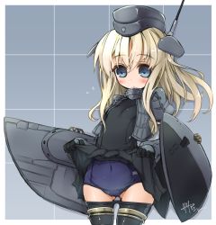 Rule 34 | 10s, 1girl, artist name, black dress, black pantyhose, blonde hair, blue eyes, blush, clothes lift, clothes pull, covered navel, cropped jacket, dress, dress lift, flying sweatdrops, garrison cap, hat, kantai collection, long hair, long sleeves, looking down, machinery, pantyhose, pantyhose pull, puffy long sleeves, puffy sleeves, sasamashin, school swimsuit, signature, solo, swimsuit, swimsuit under clothes, thigh gap, u-511 (kancolle)