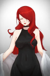 Rule 34 | 1girl, absurdres, bare shoulders, black choker, black dress, breasts, choker, closed eyes, coat, collarbone, commentary, commission, covered navel, cowboy shot, dress, english commentary, fur coat, grey background, hair over one eye, highres, impossible clothes, impossible dress, kirijou mitsuru, large breasts, lips, long hair, n7grey, off shoulder, persona, persona 3, red hair, red lips, sideboob, smile, solo, white coat