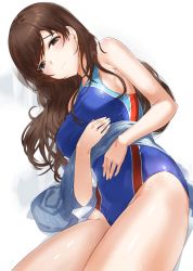 Rule 34 | 1girl, blue one-piece swimsuit, blush, breasts, brown eyes, brown hair, closed mouth, competition school swimsuit, competition swimsuit, idolmaster, idolmaster cinderella girls, kfr, legs together, light frown, long hair, looking at viewer, lying, medium breasts, nitta minami, on side, one-piece swimsuit, school swimsuit, sideboob, simple background, solo, swimsuit, thighs, white background