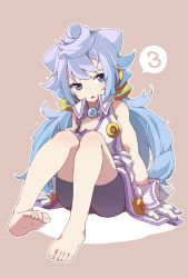 Rule 34 | 1boy, barefoot, bike shorts, blue eyes, blue hair, feet, hacka doll, hacka doll 3, highres, low twintails, male focus, nipples, open mouth, ozu warudo, sitting, soles, solo, toes, trap, twintails