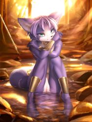Rule 34 | 1girl, :3, absurdres, ancesra, animal ear fluff, animal ears, animal hands, animal nose, aqua eyes, arm tattoo, artist name, barefoot, blue fur, body fur, choker, closed mouth, crossed arms, female focus, forest, fox ears, fox girl, fox tail, full body, furry, furry female, gold, hand on own shoulder, hands up, happy, highres, huge filesize, knees together feet apart, knees up, krystal, leg tattoo, legs, light particles, light rays, looking at viewer, nature, navel, nintendo, nude, outdoors, partially submerged, patreon username, polearm, pussy, rock, shin guards, short hair, sitting, smile, snout, solo, spear, star fox, stream, sunlight, sunset, tail, tail ornament, tail ring, tattoo, tree, two-tone fur, uncensored, vambraces, water, watermark, weapon, web address, wet, white fur, yellow choker