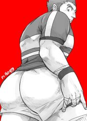 Rule 34 | 1boy, ass, ass focus, bara, clothes pull, from below, gakei3, tamamura gunzo, hand under clothes, long sideburns, looking at viewer, male focus, muscular, muscular male, pectorals, pulling own clothes, red background, rugby uniform, short hair, short shorts, shorts, shorts pull, sideburns, solo, sportswear, thick thighs, thighs, tokyo houkago summoners, undressing