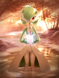 Rule 34 | 1girl, absurdres, ancesra, artist name, blurry, blurry background, bob cut, closed mouth, colored skin, creatures (company), female focus, flat chest, floating, floating object, forest, game freak, gardevoir, gen 3 pokemon, glowing, green skin, hair over one eye, hands up, happy, highres, jewelry, light rays, mega stone, multicolored skin, nature, necklace, nintendo, outdoors, partially submerged, patreon username, pokemon, pokemon (creature), red eyes, ripples, short hair, smile, solo, standing, straight-on, stream, sunlight, sunset, tree, two-tone skin, wading, water, watermark, web address, white skin