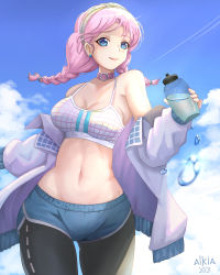 Rule 34 | 1girl, 2021, alkia, arknights, artist name, bare shoulders, black pants, blue eyes, blue poison (arknights), blue poison (shoal beat) (arknights), blue shorts, blue sky, bottle, braid, breasts, choker, cleavage, cloud, cowboy shot, crop top, day, earrings, hairband, highres, holding, holding bottle, jacket, jewelry, large breasts, leggings, leggings under shorts, long hair, long sleeves, looking at viewer, midriff, navel, open clothes, open jacket, pants, pantyhose, pink choker, pink hair, short shorts, shorts, sky, smile, solo, spaghetti strap, standing, stomach, thighs, twin braids, water drop