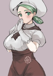 Rule 34 | 1girl, apron, ascot, atoshi, blush, breasts, brown apron, brown ascot, brown skirt, chef hat, creatures (company), game freak, gloves, green eyes, hat, katy (pokemon), large breasts, light green hair, mole, mole on cheek, mole under eye, nintendo, pokemon, pokemon sv, puffy short sleeves, puffy sleeves, short sleeves, side ponytail, skirt, spider web print, waist apron, wide hips